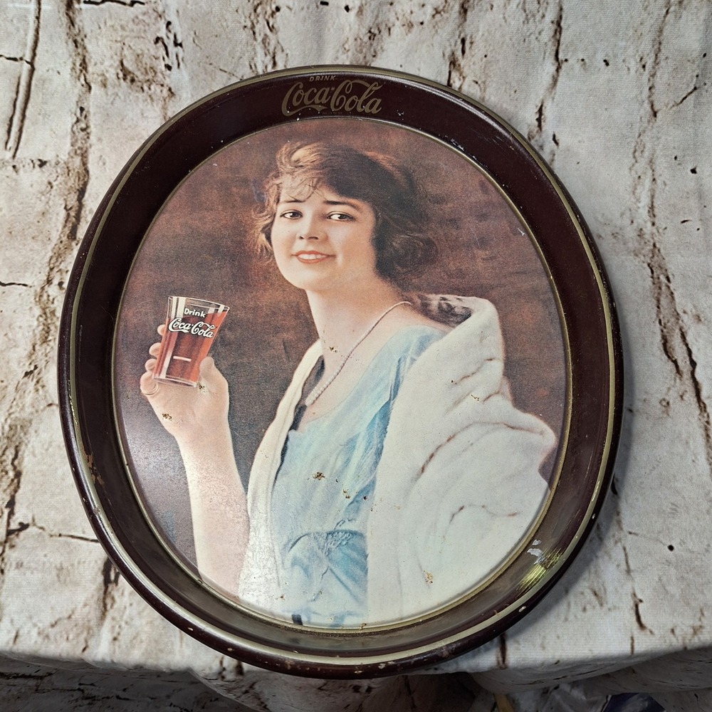 Vintage Coca-Cola Metal Serving Tray 1920s Lady in Blue Brown Oval 15 Inch